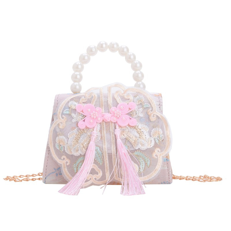 New Chinese-style girls' single-shoulder bag, pearl hand-held tassel crossbody bag for children, 2024 new chain children's bag Item Picture