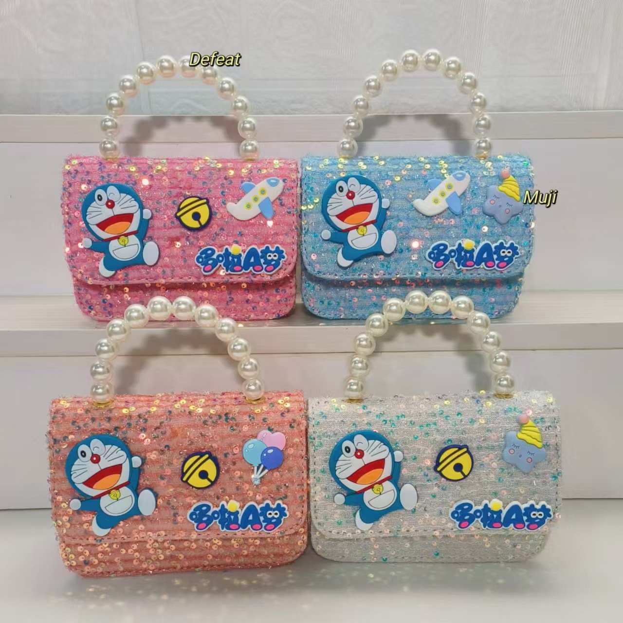 Pearl handbag, crossbody bag, loose change accessory bag, Doraemon small square bag, chain children's bag, girls' lucky money bag details Picture