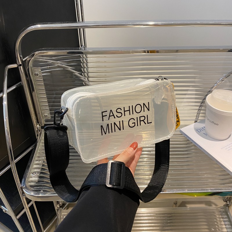 Summer jelly transparent bag for women, new trendy Korean-style small square bag with printed letters, single-shoulder hand-carry, fashionable and simple crossbody bag full figure