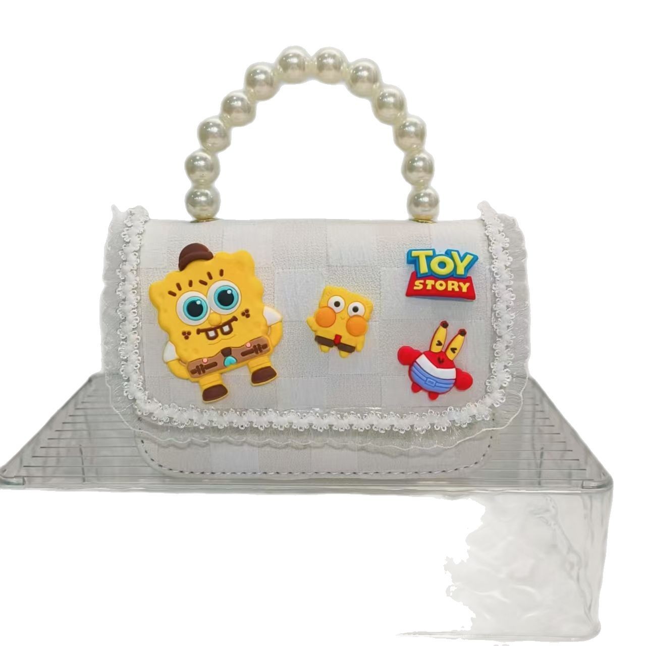 Pearl handbag, crossbody loose change accessory, small square bag, chain children's bag, SpongeBob SquarePants girl, New Year lucky money Item Picture