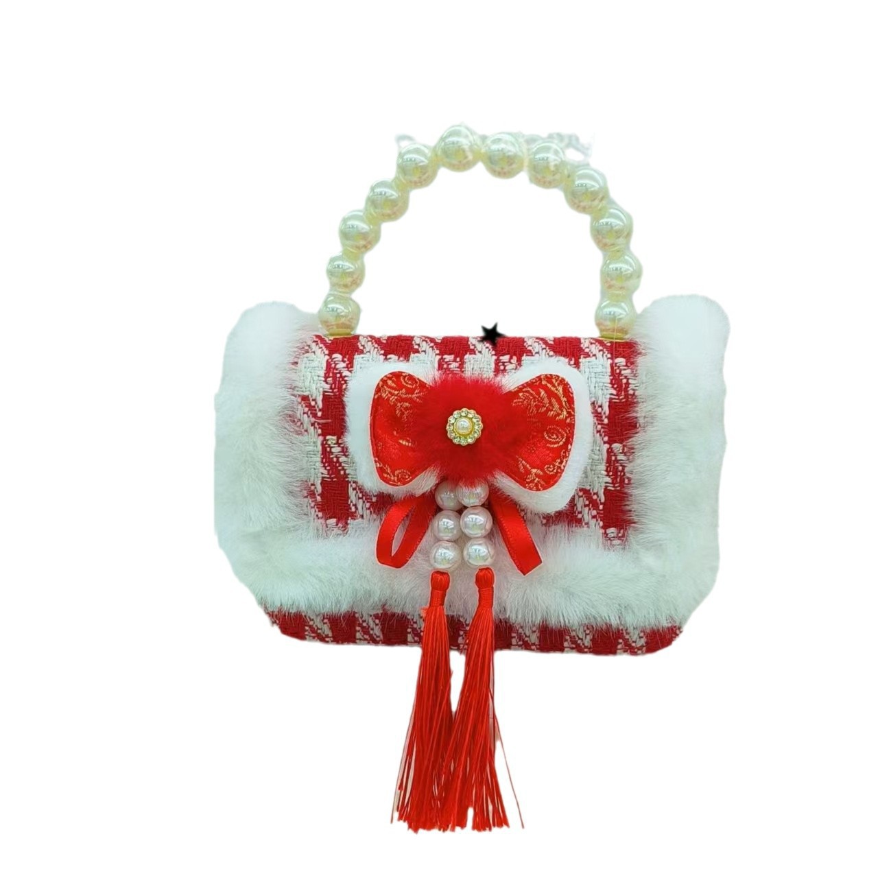 A red princess bag for New Year greetings, a cute single-shoulder crossbody bag for girls, a pearl hand-held coin purse, a traditional Chinese festival gift Item Picture
