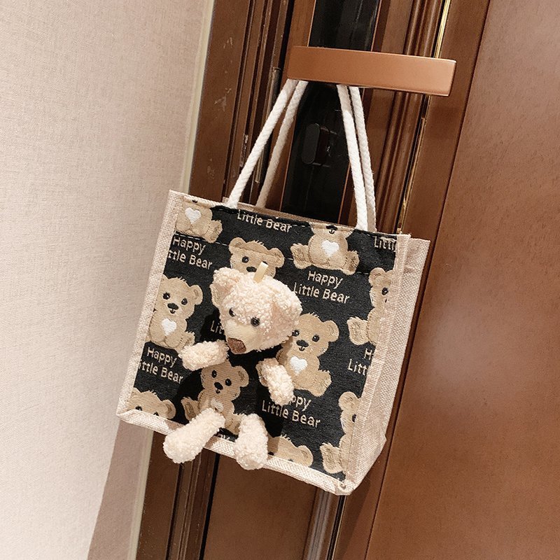 Portable lunch box, canvas bag 2021 new Korean version Instagram college student class bear tote bag details Picture