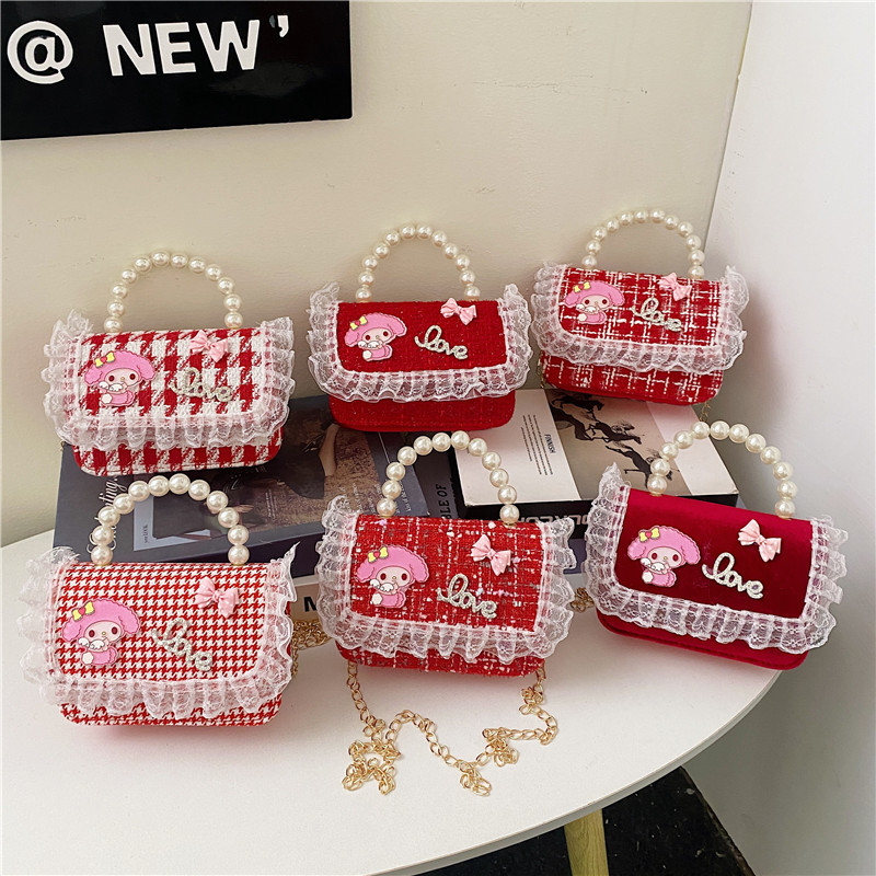 New Korean-style children's bags, crossbody princess bags, chain pearl handbags, bow casual sachets for girls full figure