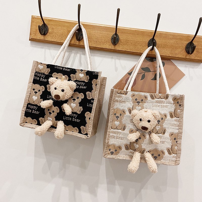 Portable lunch box, canvas bag 2021 new Korean version Instagram college student class bear tote bag full figure