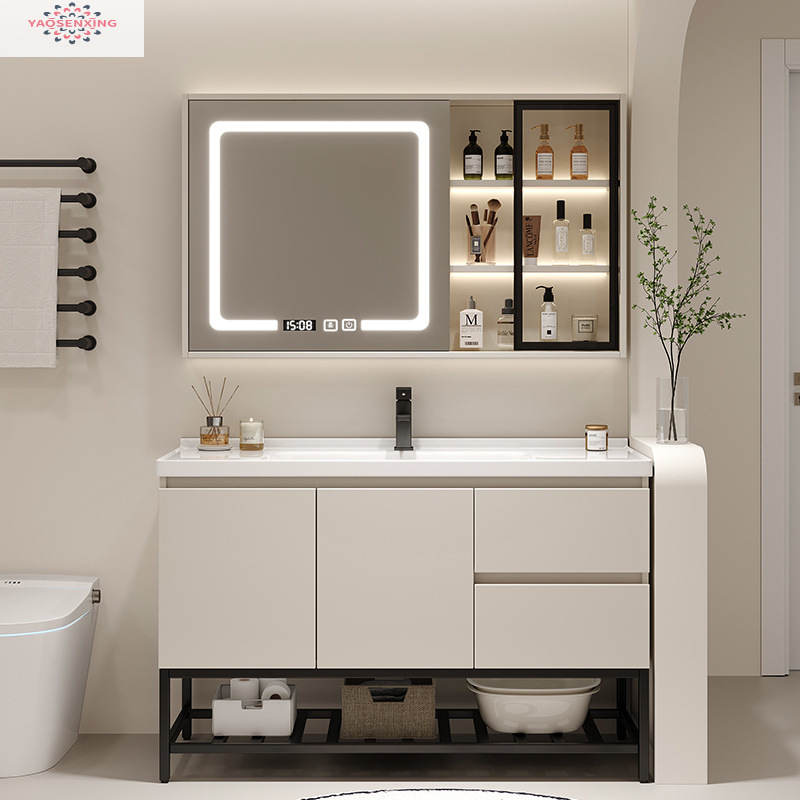 Simple bathroom solid wood floor-standing washbasin cabinet combination washbasin, cream-colored bathroom cabinet, ceramic integrated basin full figure