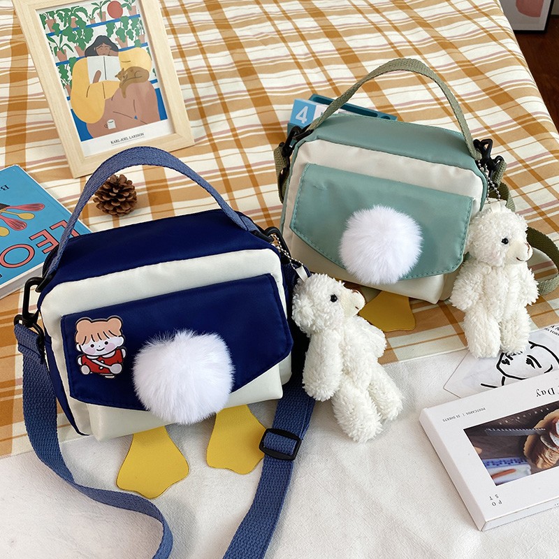 Creative and personalized duck-butted single-shoulder small square bag for women 2021 cross-border bag canvas mobile phone coin purse details Picture
