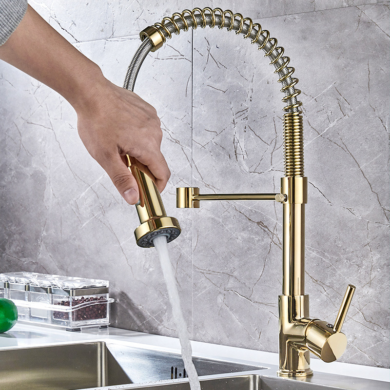 DANWEILE cross-border all-copper spring faucet kitchen sink can be rotated and pulled, painted black, gold with dots details Picture