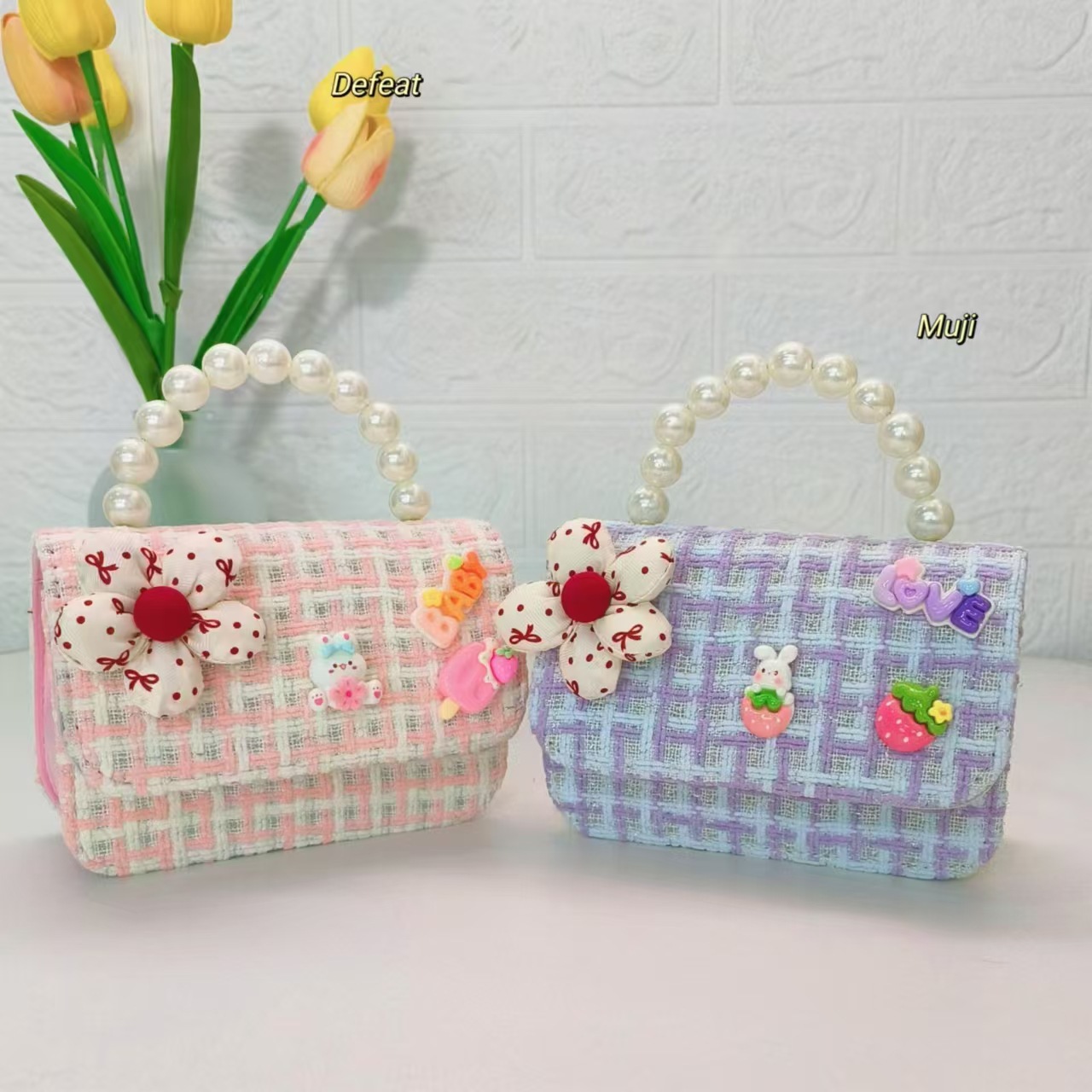 Flower rabbit pearl handbag, little girl loose change accessory bag, chain bag, bow, single-shoulder crossbody small square bag Specification drawing