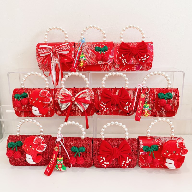 2025 Red Festive Children's New Year Greeting Bag, Stylish Pearl Girls' handbag, embroidered thread bow, children's crossbody bag full figure
