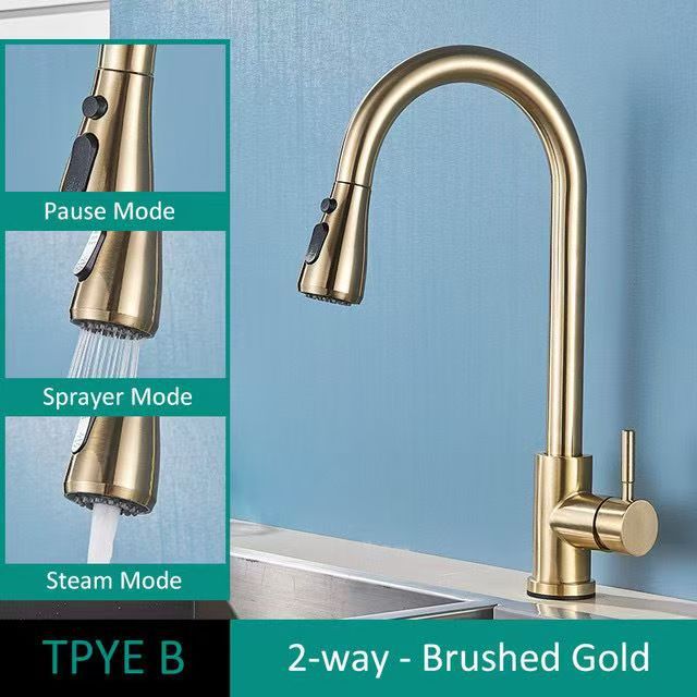 Foreign trade 304 stainless steel pull-out brushed gold kitchen faucet, cold and hot telescopic lead-free sink faucet Specification drawing