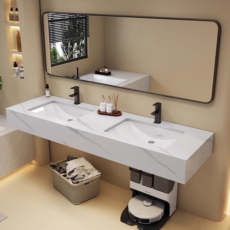 Public restroom rock plate washbasin, double-basin bathroom cabinet, wall-mounted double-person washbasin cabinet, combination bathroom set Specification drawing