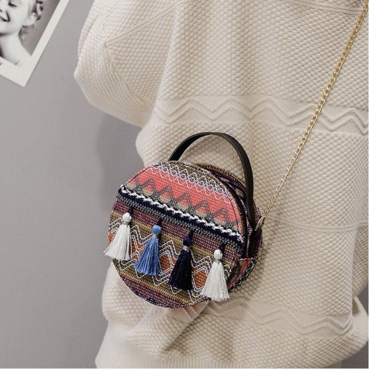 Summer Korean women's bags 2021 new style, fringed small round bags, ethnic style dance bags, single-shoulder retro bags wholesale details Picture