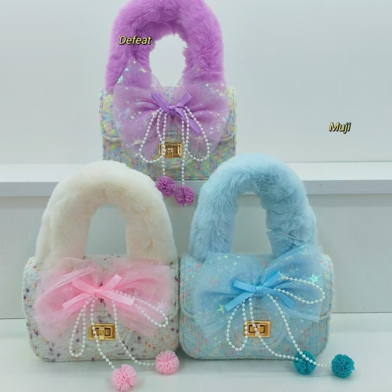 Bow plush handbag, pearl children's bag, fashionable shoulder bag, crossbody bag, little girl's loose change accessory bag Specification drawing
