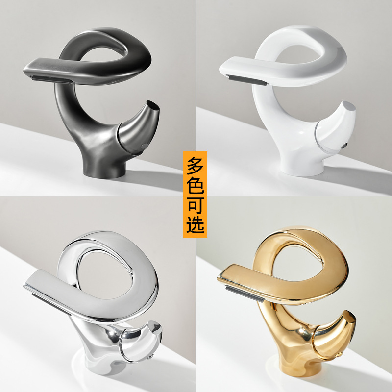 All-copper creative art washbasin, gun grey faucet, waterfall-style splash-proof bathroom cabinet, basin faucet full figure
