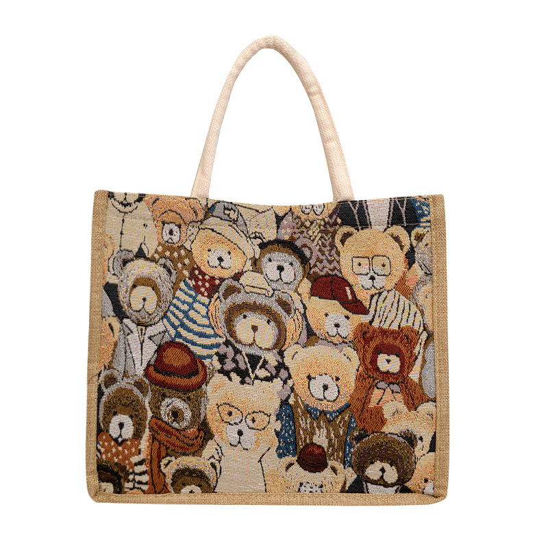 Large-capacity linen handbag for women, 2024 new style, fashionable and trendy shoulder bag, versatile and stylish bear tote bag for women Item Picture