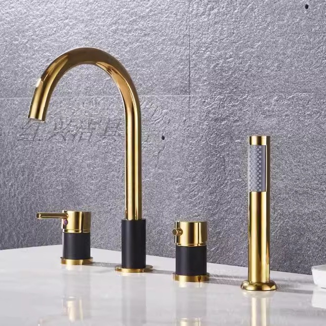 Copper split faucet, vertical four-piece set, bathtub faucet, four-hole showerhead, black chrome plated, gold brushed gold details Picture