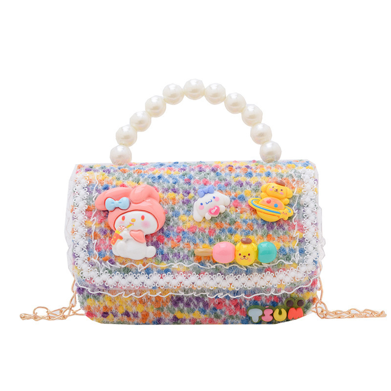 Autumn and winter trendy children's small square bag, fashionable girls' color-matched chain single-shoulder bag, simple beaded handbag Item Picture