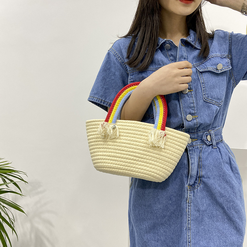 Cute rainbow hand-held small bag for women, new fashionable, casual and trendy women's bag, straw woven bag, beach vacation bag details Picture