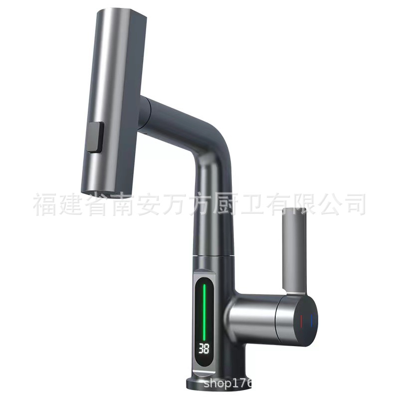Wholesale of intelligent digital display faucet for Feiyu waterfall water outlet, single-hole lifting kitchen washbasin faucet Item Picture