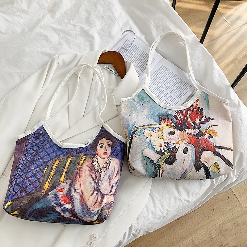 Spring oil painting handbag for women, 2020 autumn and winter new trendy single-shoulder large-capacity backpack for women, hand-held canvas details Picture