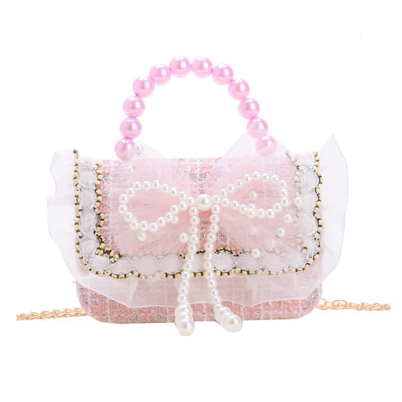 A cute princess crossbody bag with a bow, a trendy children's pearl handbag Item Picture
