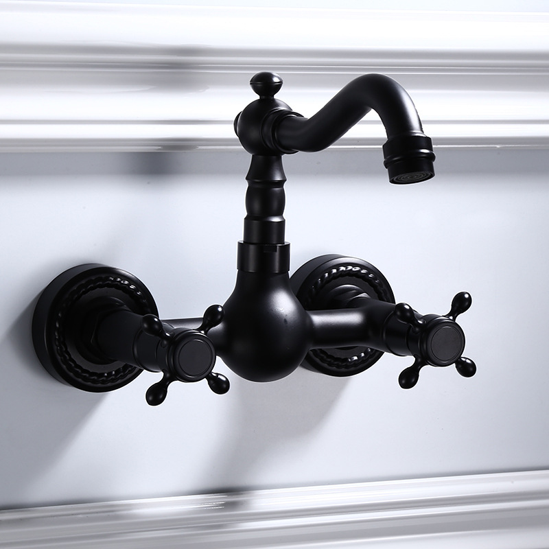 All-copper black European-style bathtub, hot and cold water faucets, bathroom hardware, built-in wall, balcony, 360-degree rotating faucet Specification drawing