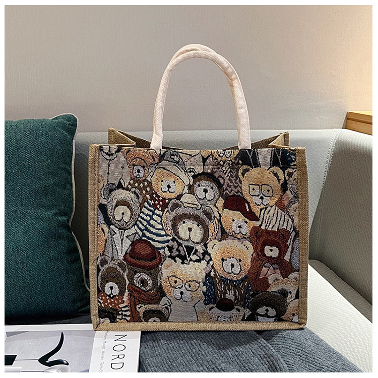 Large-capacity linen handbag for women, 2024 new style, fashionable and trendy shoulder bag, versatile and stylish bear tote bag for women details Picture