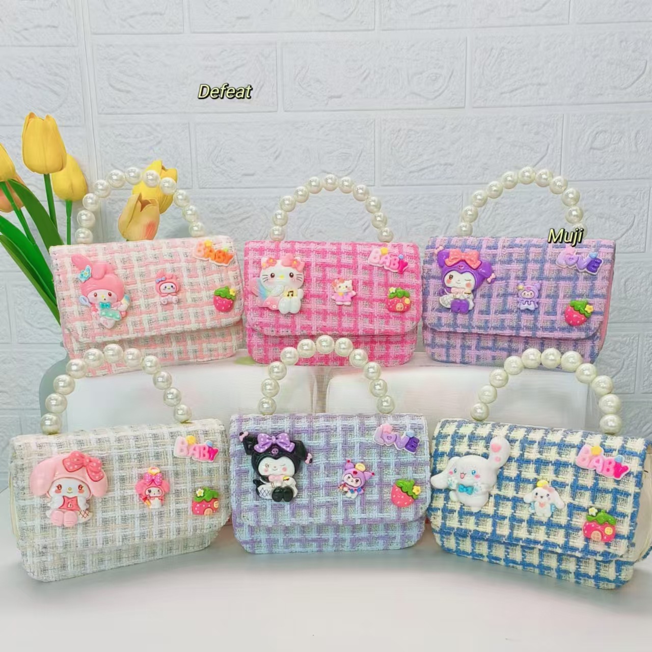 Pearl handbag, Melody children's bag, Kuromi girls' loose change accessory bag, chain bag, bow small square bag Specification drawing