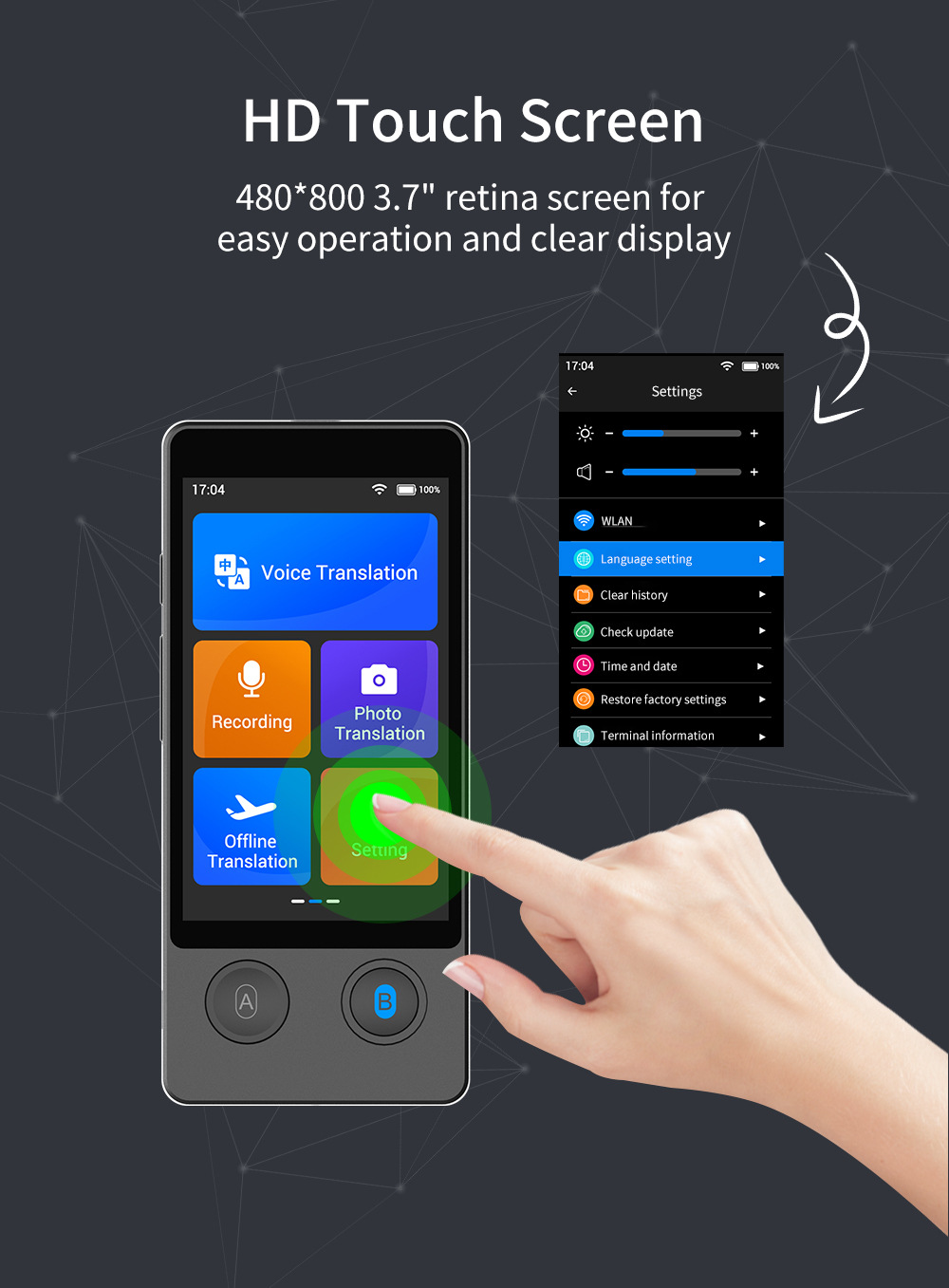 The new W12 precise offline intelligent voice translation machine offers 10 types of precise offline services for oral learning, overseas travel and foreign trade Application Scenario