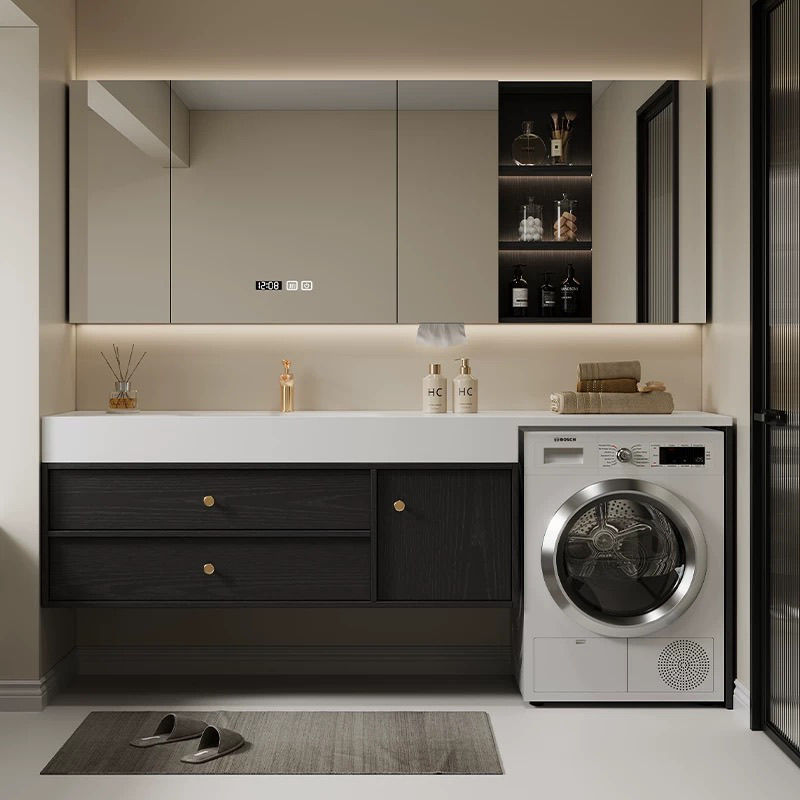 Retro-style rock plate seamless hot-bent one-piece basin, bathroom washing machine, bathroom cabinet set, hand wash and washbasin details Picture