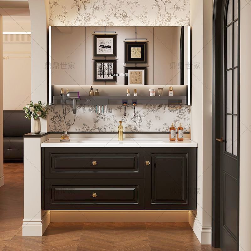 Retro French, Chinese black, American paint-free multi-layer solid wood ceramic integrated bathroom cabinet set full figure