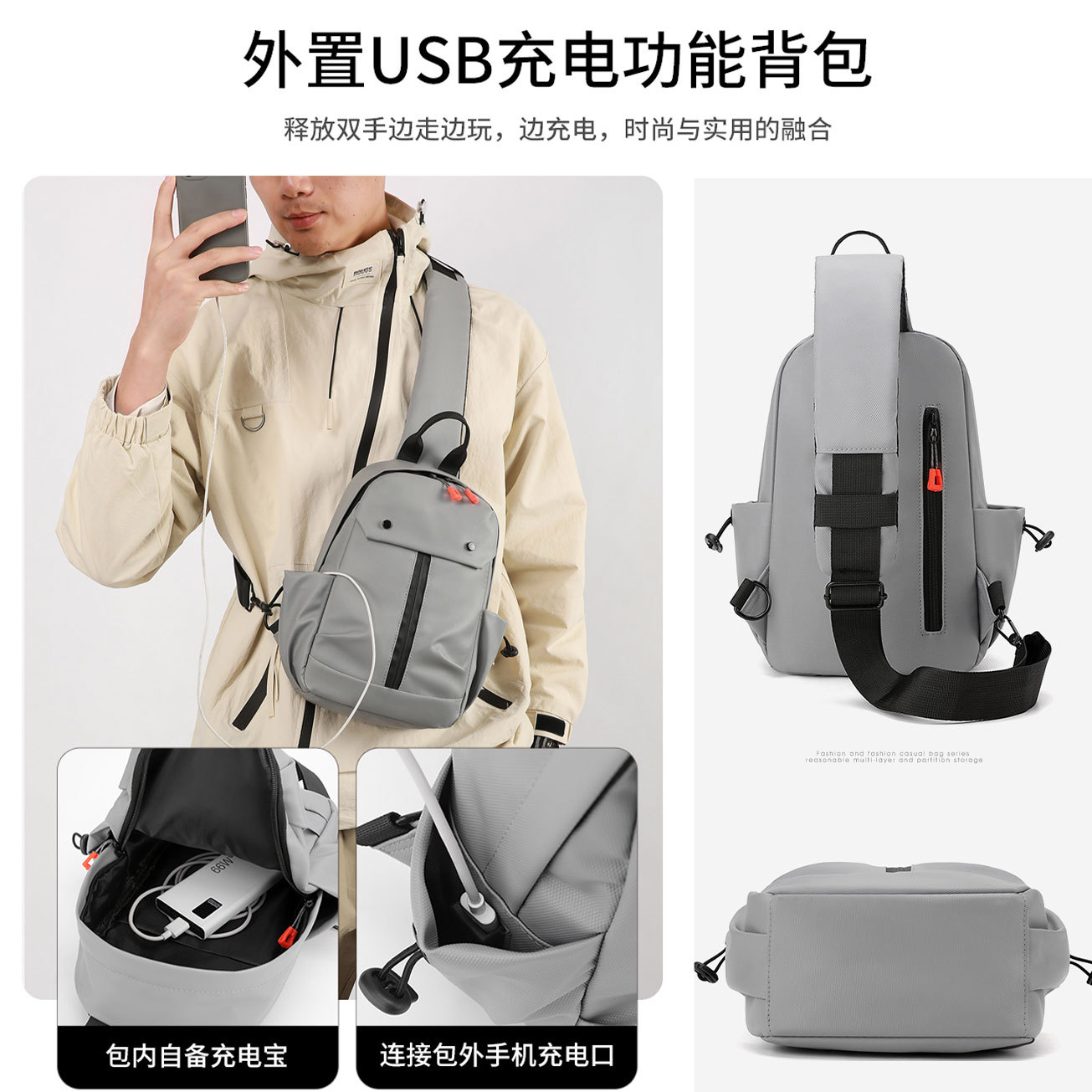 Cross-border men's crossbody bag, waterproof and wear-resistant, new chest bag, simple and versatile, casual and convenient, single-shoulder bag, fashionable bag details Picture