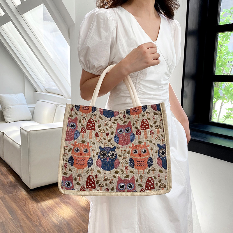 ins linen fashion tote bag for ladies, cute, niche and stylish canvas bag, Korean cartoon casual bento bag Application Scenario