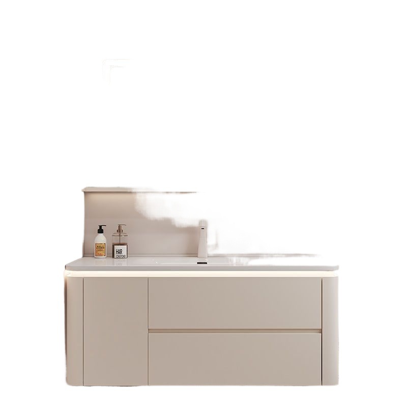 Wholesale cream ceramic side storage one-piece rounded corner bathroom, smart hand washing face bathroom cabinet, washbasin set Item Picture