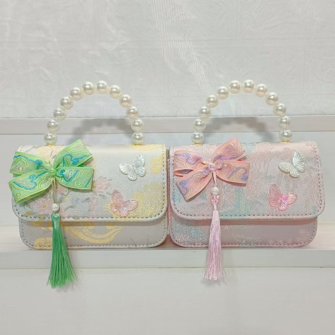 Bow Chinese-style princess bag, pearl handbag, chain square bag, children's Hanfu accessory bag, girls' festival gift Specification drawing
