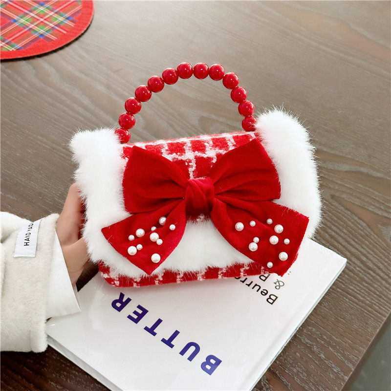 Cute children's New Year red fashionable pearl handbag, trendy and versatile chain crossbody bag, girls' loose change single-shoulder bag details Picture