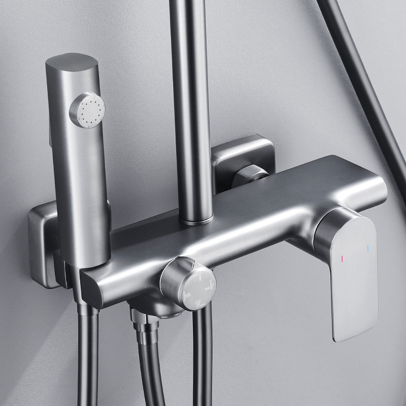 All-copper shower head set, hot and cold pressurized bathroom concealed installation, cream white gun gray minimalist bathroom, hotel apartment shower spray details Picture
