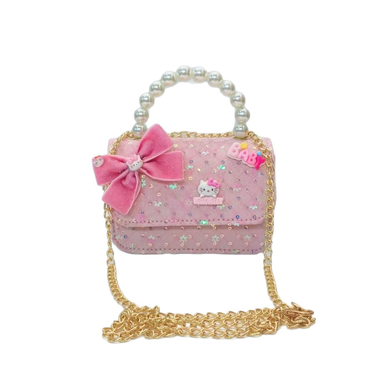 Bow cartoon bag, children's bag, pearl handbag, little girl's loose change accessory bag, chain bag, sequined small square bag Item Picture