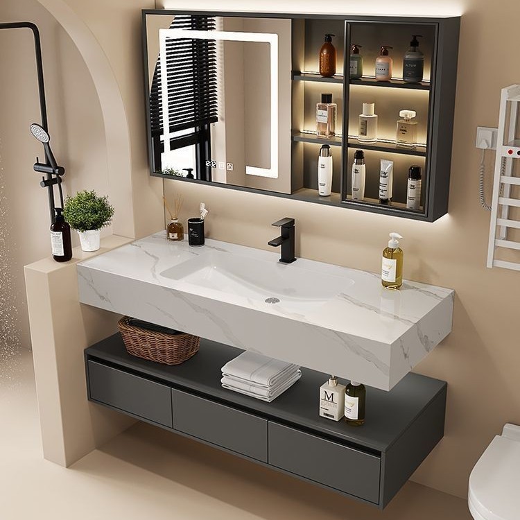 Nordic rock plate seamless ceramic washbasin, washbasin combination, bathroom integrated double-layer washbasin, bathroom cabinet Item Picture