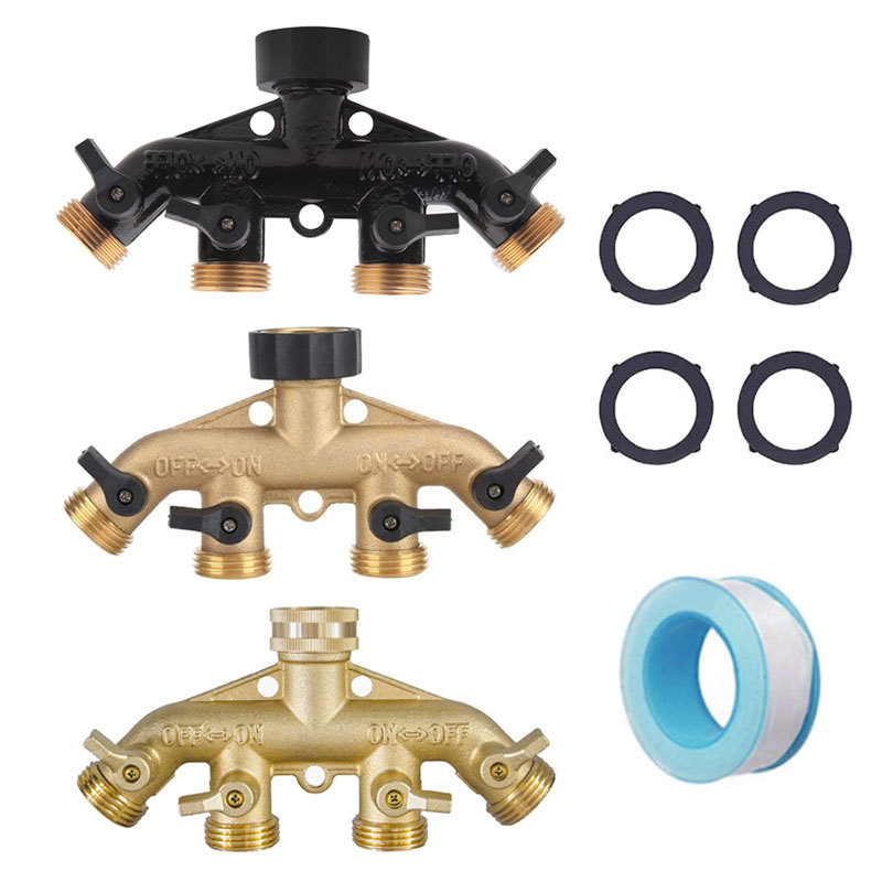 Brass four-way ball valve water divider, garden watering, agricultural irrigation, home car wash faucet controllable water divider Item Picture
