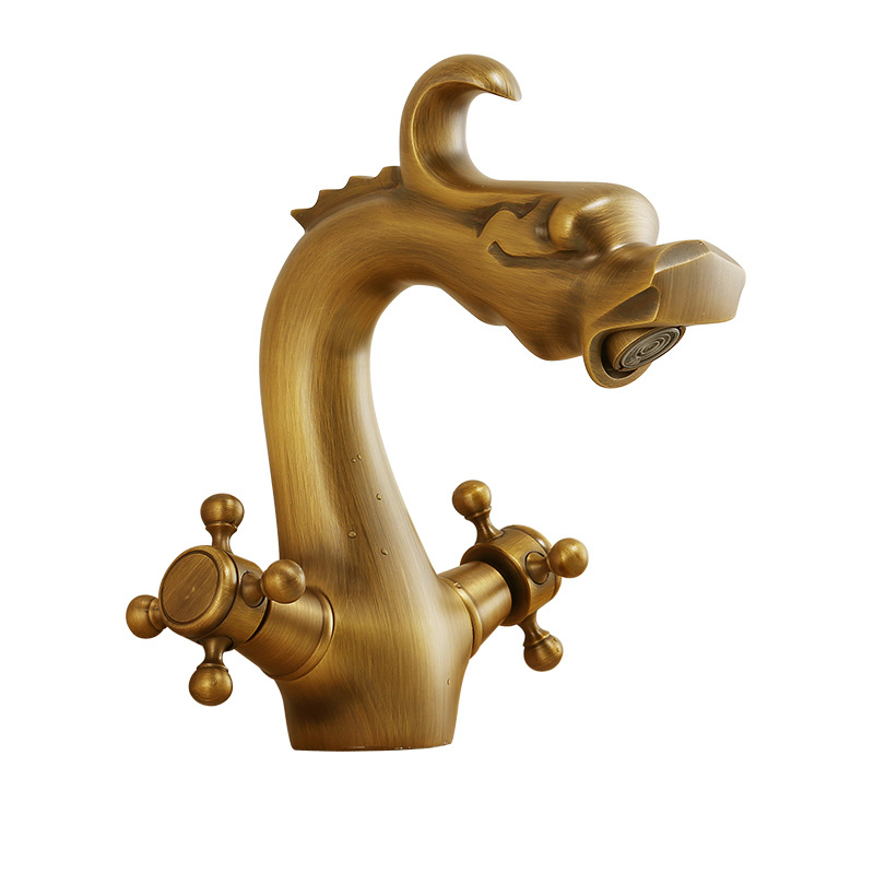 All-copper European-style antique golden faucet, dragon-shaped single-hole bathroom, retro black washbasin, washbasin faucet, hot and cold Item Picture