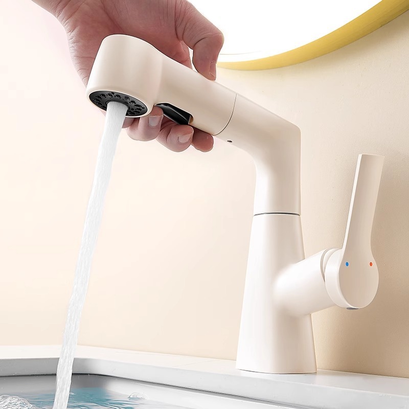 Cream white faucet, washbasin, pull-out lift, household hot and cold washbasin, washbasin, countertop, bathroom, toilet Application Scenario