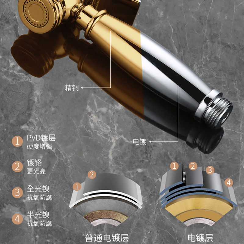 Golden Pressurized Toilet cleaning and Flushing device, water gun, Toilet Companion, Water gun, Double control Angle valve, shower head, Faucet Specification drawing