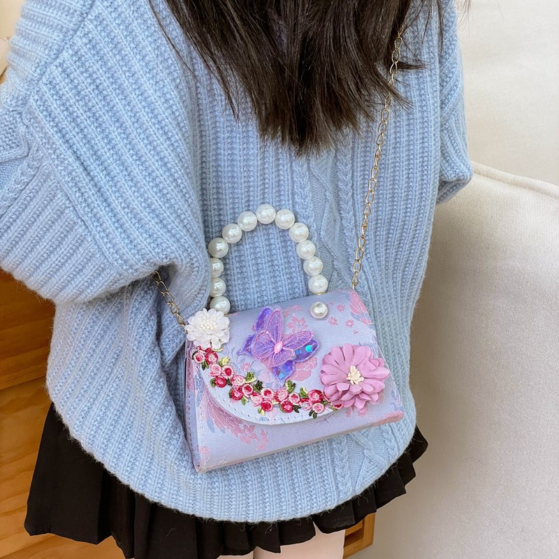 Children's bag, Chinese style butterfly flower, girls' crossbody bag, princess pearl handbag, single-shoulder crossbody bag Specification drawing