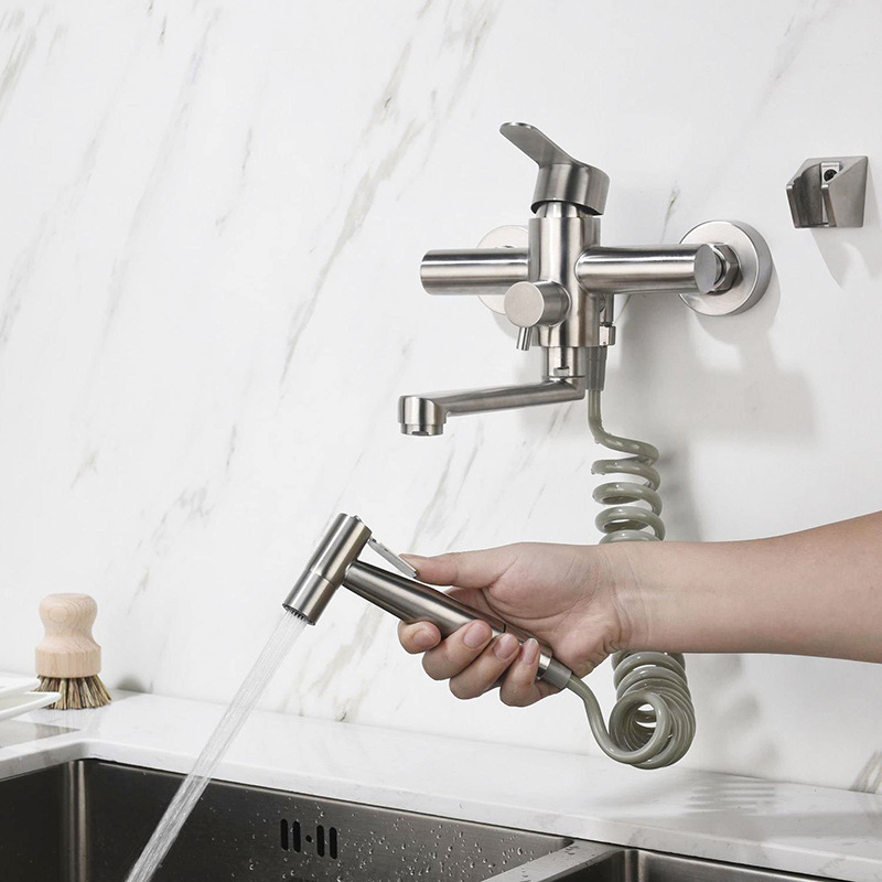 Amazon 304 stainless steel cold and hot mixed brushed wall double-hole with cleaning nozzle kitchen sink faucet Specification drawing