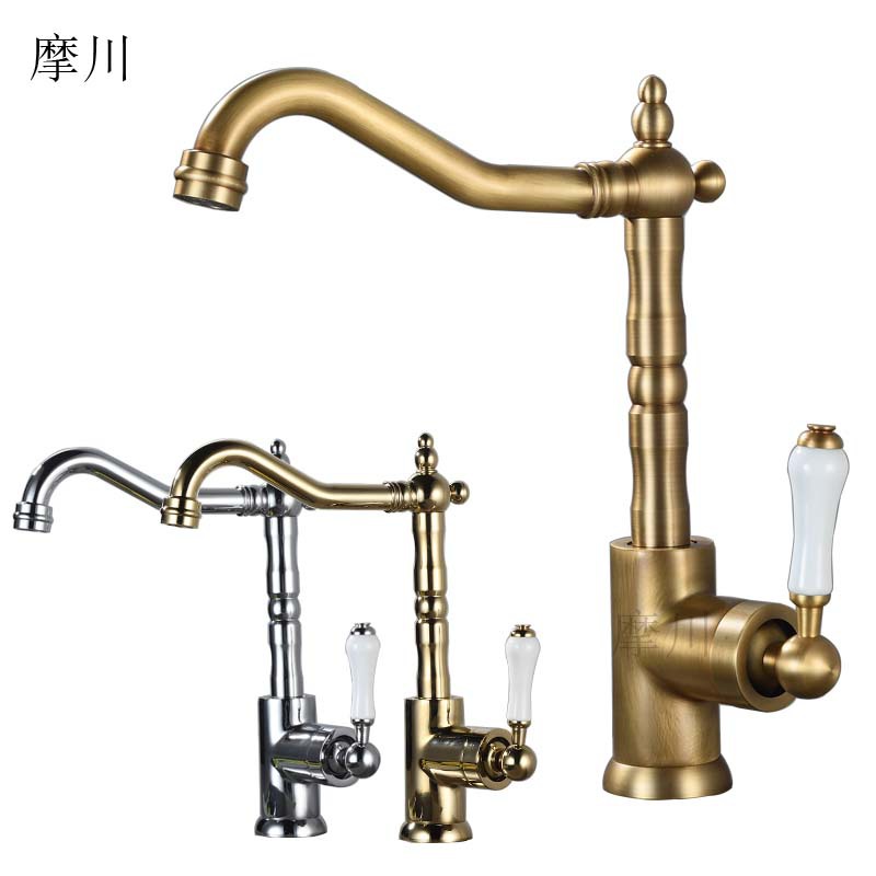 The antique-style kitchen features a rotating hot and cold water faucet, a gold and silver chrome-plated washbasin faucet, and a black bathroom cabinet faucet full figure
