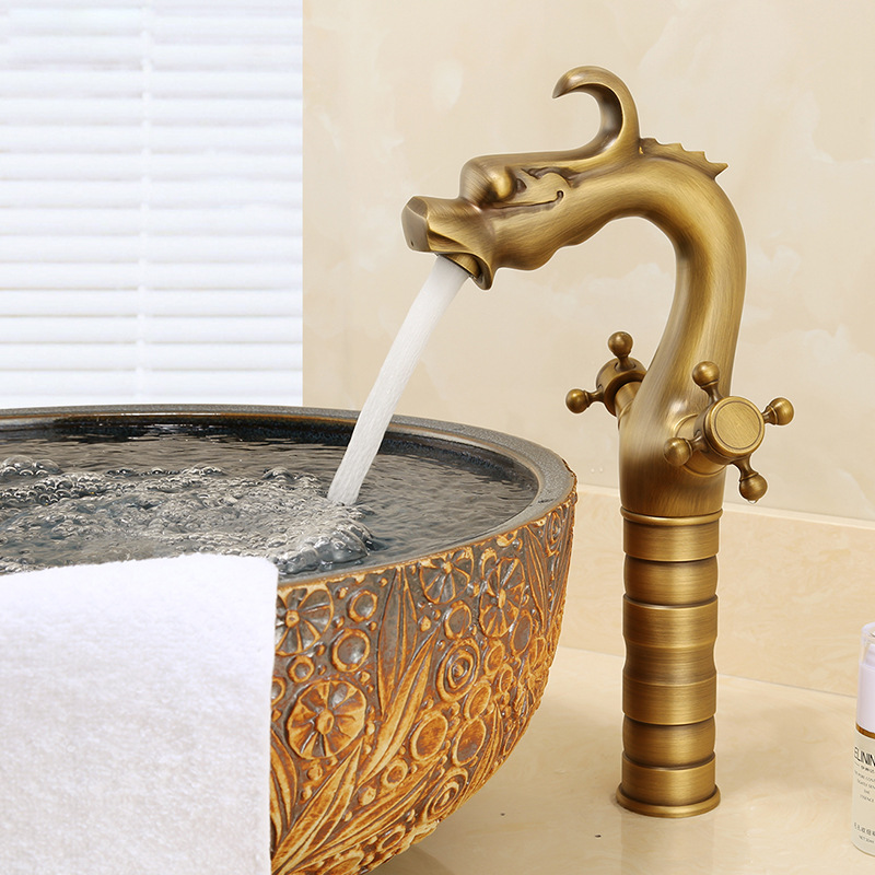 All-copper European-style antique golden faucet, dragon-shaped single-hole bathroom, retro black washbasin, washbasin faucet, hot and cold Specification drawing