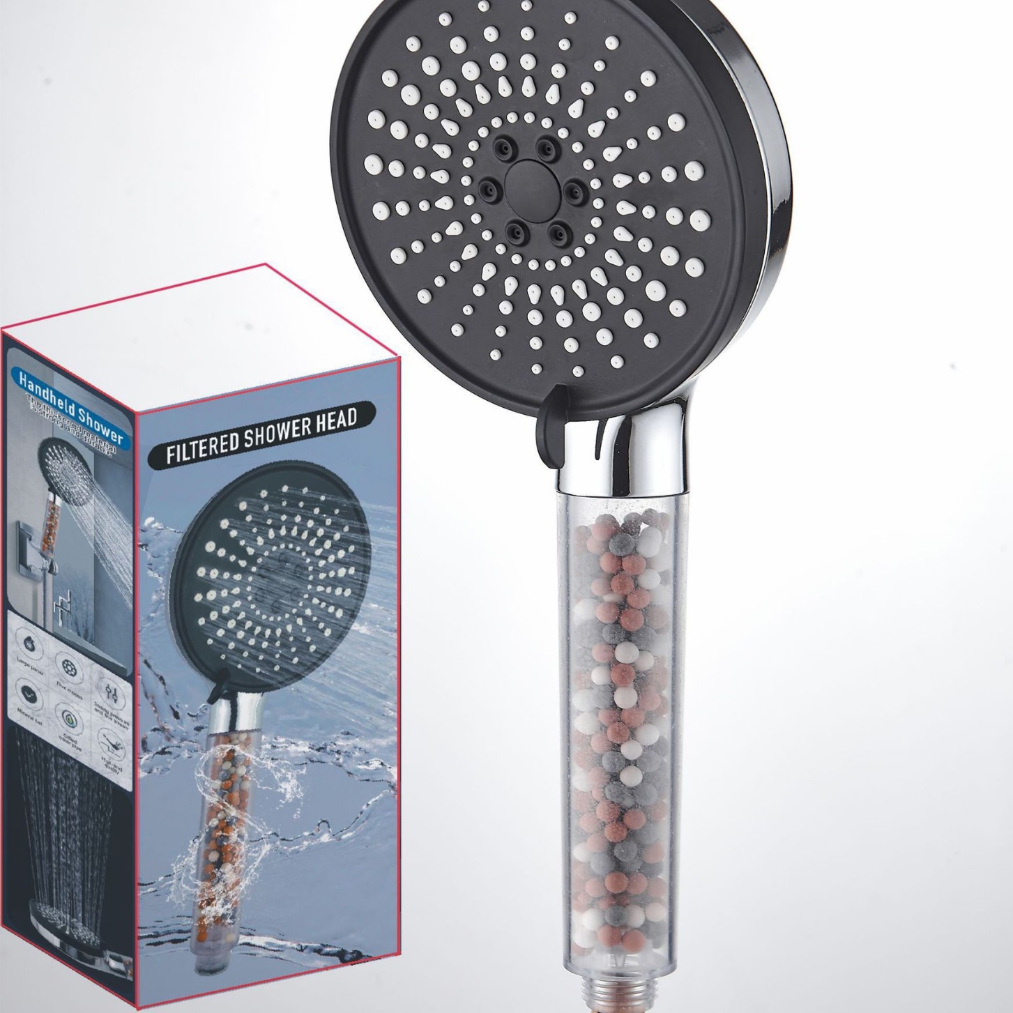 Cross-border five-speed adjustable high-pressure water outlet, negative ion hard water softening and filtration shower head full figure