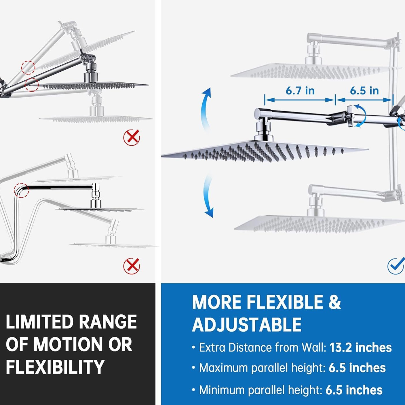 Folding support arm shower head top spray bracket extension rod copper three-way diverter 18-inch American-style shower extension arm carefully selected Application Scenario