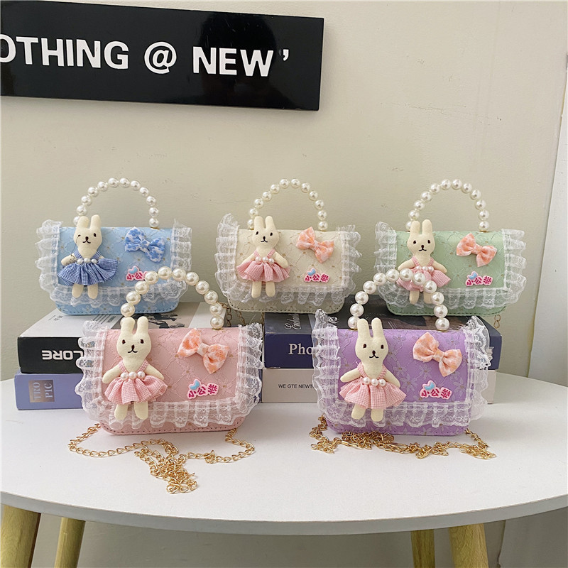 2025 New Chanel-style children's bag, thousand bird pattern Little Flower Rabbit Princess crossbody bag, pearl Fashion handbag details Picture